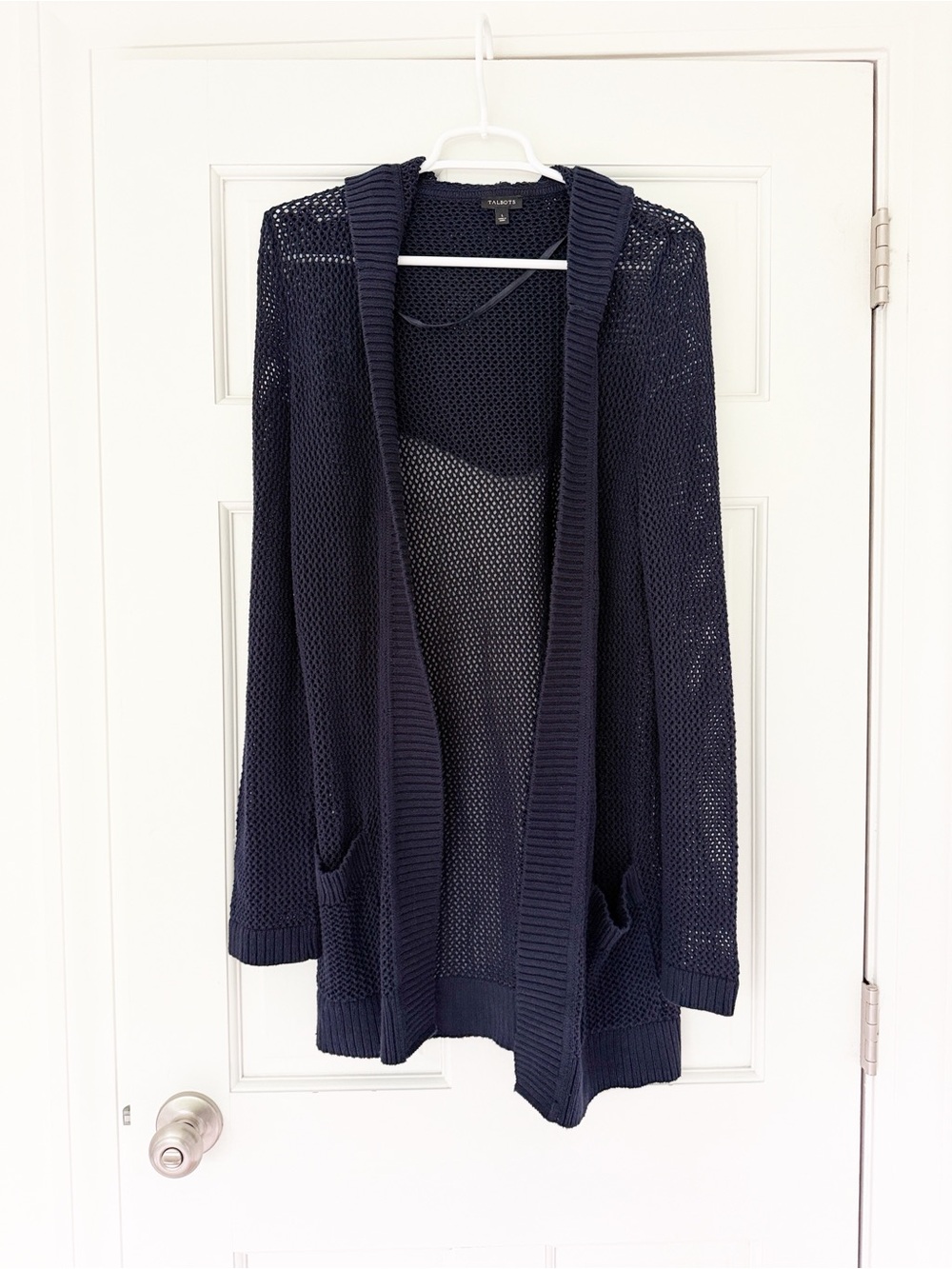 TALBOTS open mesh knit cardigan size L blue pockets hood